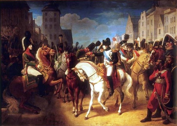Meeting between Napoleon and Alexander I of Russia at Tilsitt, July 9th, 1807,  by Jean-Baptiste Debret (1768-1848), Versailles.